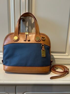 Vtg Dooney & bourke Two-Tone Leather Trim Navy Crossbody Tote